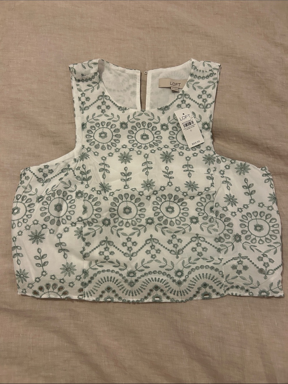 LOFT White Cropped Tank with Sage Green Embroidery